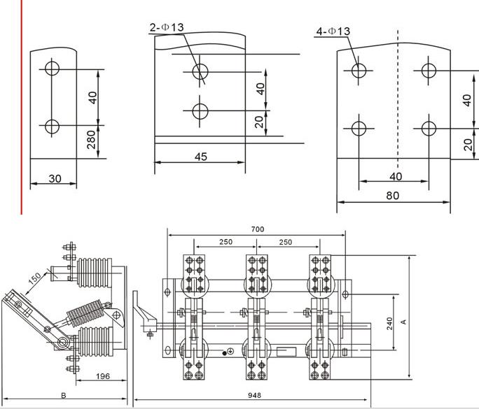 GN19-10户内高压隔离开关的外形尺寸