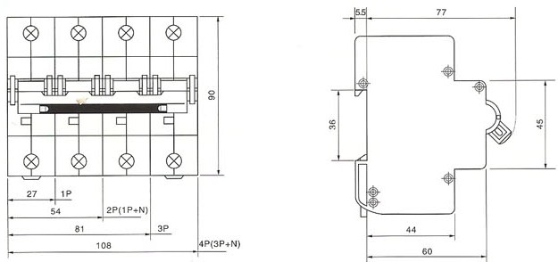 SRM18-125系列高分断小型断路器的外型及安装尺寸