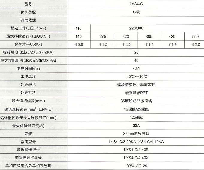 LYS4系列电涌保护器（避雷器）的技术参数