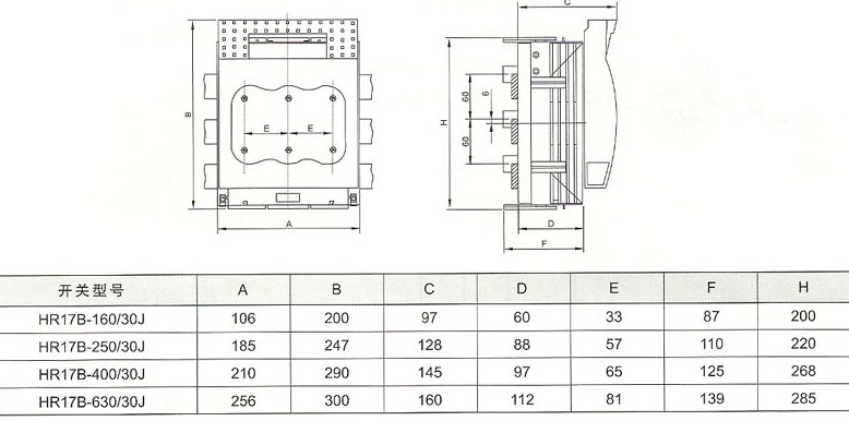 HR17B-160~630A挂接式外形与安装尺寸