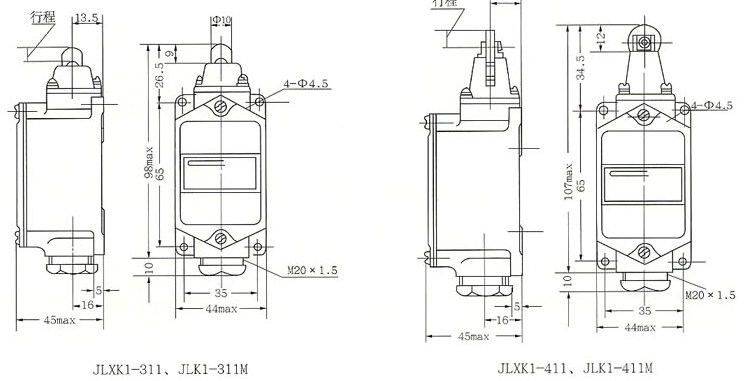 JLXK1系列行程开关的外型尺寸与安装尺寸